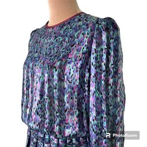 Vintage Mavinette Long Sleeve Blouson Knife Pleat Dress Drop Waist Silky Print